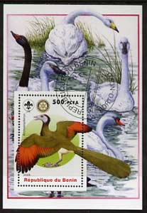 Benin 2005 Dinosaurs #06 - Archaeopterys perf m/sheet with Scout & Rotary Logos, background shows various Geese & Swans fine cto used, stamps on scouts, stamps on rotary, stamps on dinosaurs, stamps on birds, stamps on swans
