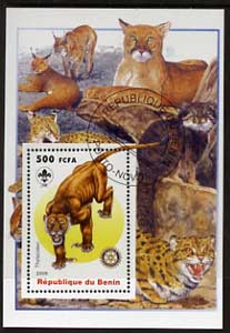 Benin 2005 Dinosaurs #09 - Thylacoleo perf m/sheet with Scout & Rotary Logos, background shows various Big Cats fine cto used, stamps on scouts, stamps on rotary, stamps on dinosaurs, stamps on animals, stamps on cats, stamps on lions