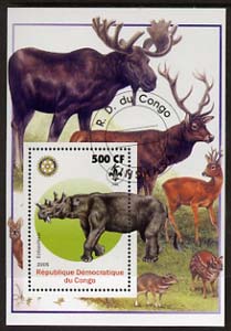 Congo 2005 Dinosaurs #03 - Eobasileus perf m/sheet with Scout & Rotary Logos, background shows various Deer fine cto used, stamps on scouts, stamps on rotary, stamps on dinosaurs, stamps on animals, stamps on deer