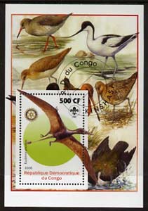 Congo 2005 Dinosaurs #04 - Eudimorphodon perf m/sheet with Scout & Rotary Logos, background shows various Birds fine cto used, stamps on scouts, stamps on rotary, stamps on dinosaurs, stamps on animals, stamps on birds