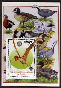 Congo 2005 Dinosaurs #07 - Dimorphodon perf m/sheet with Scout & Rotary Logos, background shows various Ducks fine cto used, stamps on scouts, stamps on rotary, stamps on dinosaurs, stamps on animals, stamps on birds, stamps on ducks