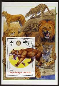 Mali 2005 Dinosaurs #02 - Thylacosmilus (Sabre Toothed Tiger) perf m/sheet with Scout & Rotary Logos, background shows various Big Cats fine cto used, stamps on scouts, stamps on rotary, stamps on dinosaurs, stamps on animals, stamps on cats, stamps on tigers, stamps on dental