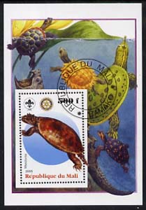 Mali 2005 Dinosaurs #05 - Meiolonia perf m/sheet with Scout & Rotary Logos, background shows various Turtles fine cto used, stamps on scouts, stamps on rotary, stamps on dinosaurs, stamps on animals, stamps on turtles, stamps on reptiles