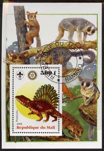 Mali 2005 Dinosaurs #08 - Platyhystix perf m/sheet with Scout & Rotary Logos, background shows various Lemurs fine cto used, stamps on scouts, stamps on rotary, stamps on dinosaurs, stamps on animals