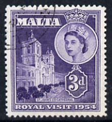 Malta 1954 Royal Visit (St John's Cathedral) 3d cds used, SG 262, stamps on royalty, stamps on royal visit, stamps on cathedrals