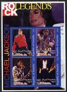 Somalia 2002 Rock Legends - Michael Jackson perf sheetlet containing set of 4 values unmounted mint, stamps on music, stamps on pops, stamps on 