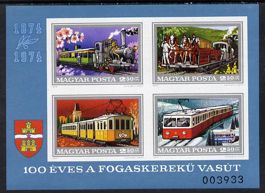 Hungary 1974 Rack Railway imperf m/sheet unmounted mint, as SG MS 2894, stamps on railways