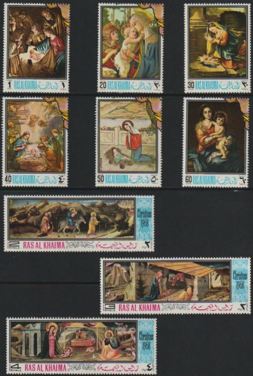 Ras Al Khaima 1968 Christmas Religious Paintings set of 9 unmounted mint (Mi 267-75A) , stamps on , stamps on  stamps on arts  christmas   religion      donkeys