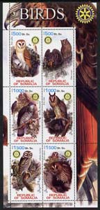 Somalia 2002 Owls perf sheetlet containing six values each with Rotary Logo, unmounted mint, stamps on birds, stamps on birds of prey, stamps on rotary, stamps on owls