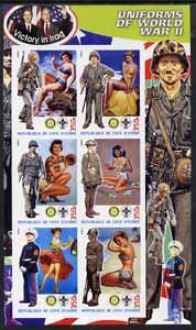Ivory Coast 2003 Uniforms of World war II imperf sheetlet #3 (with pin-ups, Scout and Rotary logos) unmounted mint, stamps on uniforms, stamps on  ww2 , stamps on scouts, stamps on rotary, stamps on fantasy, stamps on playing cards