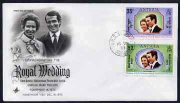 Antigua 1973 Royal Wedding set of 2 opt'd for 'Honeymoon Visit' (SG 373-74) on illustrated cover with first day cancel, stamps on royalty, stamps on anne, stamps on mark