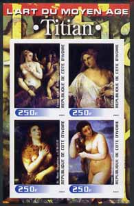 Ivory Coast 2003 Art of the Modern Age - Paintings by Titian imperf sheetlet containing 4 values unmounted mint, stamps on arts, stamps on 