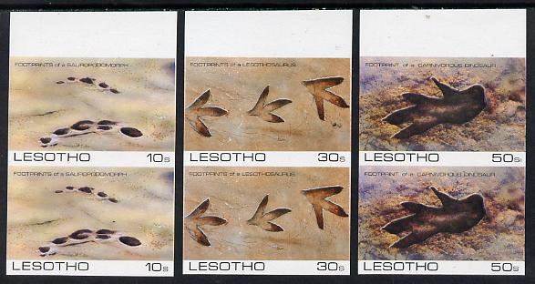Lesotho 1984 Prehistoric Footprints (2nd series) set of 3 in unmounted mint imperf pairs* (SG 596-8), stamps on archaeology  dinosaurs