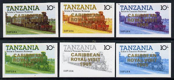 Tanzania 1985 Locomotive 3107 10s value (SG 431) unmounted mint imperf set of 6 progressive colour proofs each with Caribbean Royal Visit 1985 opt in gold*, stamps on railways, stamps on royalty, stamps on royal visit