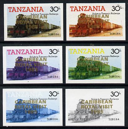 Tanzania 1985 Locomotive 3129 30s value (SG 433) unmounted mint imperf set of 6 progressive colour proofs each with Caribbean Royal Visit 1985 opt in gold*, stamps on railways, stamps on royalty, stamps on royal visit