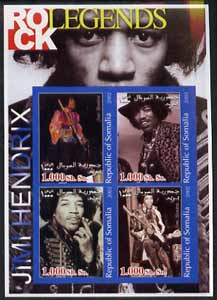 Somalia 2002 Rock Legends - Jimi Hendrix imperf sheetlet containing set of 4 values unmounted mint, stamps on music, stamps on pops, stamps on 