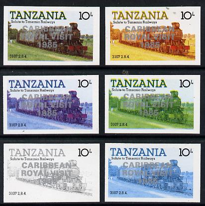 Tanzania 1985 Locomotive 3107 10s value (SG 431) unmounted mint imperf set of 6 progressive colour proofs each with Caribbean Royal Visit 1985 opt in silver*, stamps on railways, stamps on royalty, stamps on royal visit