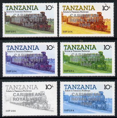 Tanzania 1985 Locomotive 3107 10s value (SG 431) unmounted mint perf set of 6 progressive colour proofs each with Caribbean Royal Visit 1985 opt in silver*, stamps on railways, stamps on royalty, stamps on royal visit