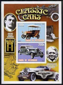 Myanmar 2001 Classic Cars (Horch & Duesenberg) imperf sheetlet containing 2 values unmounted mint, stamps on cars