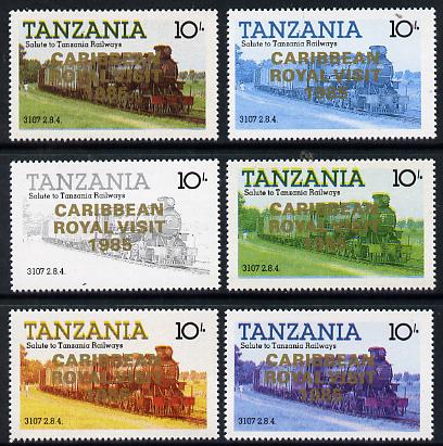 Tanzania 1985 Locomotive 3107 10s value (SG 431) unmounted mint perf set of 6 progressive colour proofs each with Caribbean Royal Visit 1985 opt in gold*, stamps on railways, stamps on royalty, stamps on royal visit
