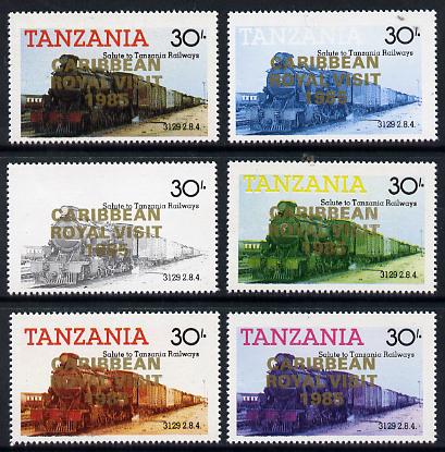 Tanzania 1985 Locomotive 3129 30s value (SG 433) unmounted mint perf set of 6 progressive colour proofs each with 'Caribbean Royal Visit 1985' opt in gold*, stamps on railways, stamps on royalty, stamps on royal visit