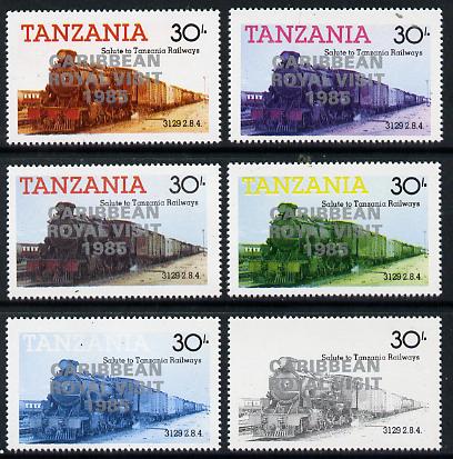 Tanzania 1985 Locomotive 3129 30s value (SG 433) unmounted mint perf set of 6 progressive colour proofs each with Caribbean Royal Visit 1985 opt in silver*, stamps on railways, stamps on royalty, stamps on royal visit