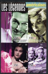 Comoro Islands 2004 Legends #01 imperf sheetlet containing 4 values Laurence Olivier, K Hepburn, Vivien Leigh, Laurel & Hardy unmounted mint, stamps on films, stamps on cinema, stamps on personalities