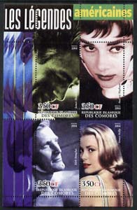 Comoro Islands 2004 Legends #03 perf sheetlet containing 4 values James Dean, Audrey Hepburn, Kirk Douglas & Grace Kelly unmounted mint, stamps on films, stamps on cinema, stamps on personalities