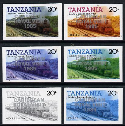 Tanzania 1985 Locomotive 6004 20s value (SG 432) unmounted mint imperf set of 6 progressive colour proofs each with 'Caribbean Royal Visit 1985' opt in silver*, stamps on , stamps on  stamps on railways, stamps on royalty, stamps on royal visit, stamps on big locos