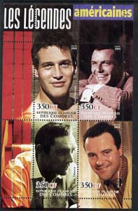 Comoro Islands 2004 Legends #04 perf sheetlet containing 4 values Paul Newman, Frank Sinatra, Sean Connery & Jack Lemmon unmounted mint, stamps on films, stamps on cinema, stamps on music, stamps on personalities, stamps on scots, stamps on scotland