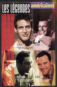 Comoro Islands 2004 Legends #04 imperf sheetlet containing 4 values Paul Newman, Frank Sinatra, Sean Connery & Jack Lemmon unmounted mint, stamps on , stamps on  stamps on films, stamps on  stamps on cinema, stamps on  stamps on music, stamps on  stamps on personalities, stamps on  stamps on scots, stamps on  stamps on scotland