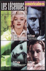 Comoro Islands 2004 Legends #05 perf sheetlet containing 4 values Marilyn, Cary Grant, Ingrid Bergman & Marlon Brando unmounted mint, stamps on films, stamps on cinema, stamps on marilyn, stamps on personalities, stamps on marilyn monroe