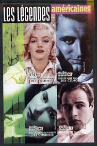 Comoro Islands 2004 Legends #05 imperf sheetlet containing 4 values Marilyn, Cary Grant, Ingrid Bergman & Marlon Brando unmounted mint, stamps on , stamps on  stamps on films, stamps on  stamps on cinema, stamps on  stamps on marilyn, stamps on  stamps on personalities, stamps on  stamps on marilyn monroe