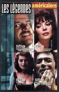 Comoro Islands 2004 Legends #06 perf sheetlet containing 4 values Jack Nicholson, Natalie Wood, Sophia Loren & Clint Eastwood unmounted mint, stamps on films, stamps on cinema, stamps on personalities