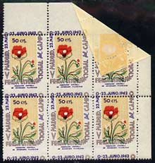 Cinderella - Spain 1962 50c perforated label for Madrid International Stamp Exhibition featuring Poppy, unmounted mint block of 6 with black & green shifted & perfs mispl..., stamps on cinderellas, stamps on stamp exhibitions, stamps on flowers