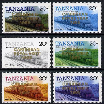 Tanzania 1985 Locomotive 6004 20s value (SG 432) unmounted mint perf set of 6 progressive colour proofs each with Caribbean Royal Visit 1985 opt in gold*, stamps on railways, stamps on royalty, stamps on royal visit, stamps on big locos