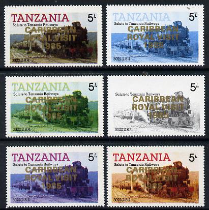 Tanzania 1985 Locomotive 3022 5s value (SG 430) unmounted mint perf set of 6 progressive colour proofs each with Caribbean Royal Visit 1985 opt in gold*, stamps on railways, stamps on royalty, stamps on royal visit