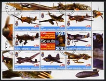 Antigua - Redonda 2005 Scout Anniversaries - Aircraft #01 perf sheetlet containing set of 8 values plus label fine cto used, stamps on scouts, stamps on aviation, stamps on  ww2 , stamps on 