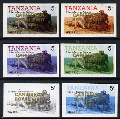 Tanzania 1985 Locomotive 3022 5s value (SG 430) unmounted mint imperf set of 6 progressive colour proofs each with Caribbean Royal Visit 1985 opt in gold*, stamps on railways, stamps on royalty, stamps on royal visit
