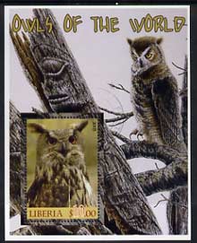 Liberia 2005 Owls of the World #01 perf m/sheet fine cto used, stamps on , stamps on  stamps on birds, stamps on  stamps on birds of prey, stamps on  stamps on owls, stamps on  stamps on 