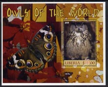 Liberia 2005 Owls of the World #02 perf m/sheet with Butterfly in background fine cto used, stamps on birds, stamps on birds of prey, stamps on owls, stamps on butterflies