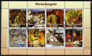 Congo 2003 Paintings by Michelangelo perf sheetlet containing 8 values fine cto used, stamps on , stamps on  stamps on arts, stamps on  stamps on michelangelo, stamps on  stamps on renaissance