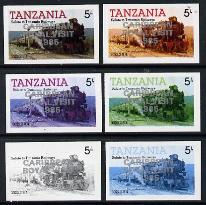 Tanzania 1985 Locomotive 3022 5s value (SG 430) unmounted mint imperf set of 6 progressive colour proofs each with Caribbean Royal Visit 1985 opt in silver*, stamps on railways, stamps on royalty, stamps on royal visit