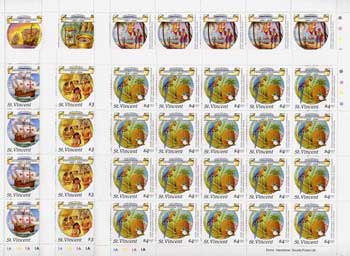 St Vincent 1988 Columbus perf set of 6 in complete unmounted mint sheets of 20, SG 1125-30.  , stamps on columbus, stamps on explorers, stamps on clocks, stamps on personalities, stamps on parrots, stamps on ships