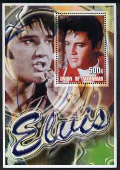 Myanmar 2001 Elvis Presley #1 perf m/sheet containing 1 x 500k value unmounted mint, stamps on personalities, stamps on elvis, stamps on music, stamps on films, stamps on cinema