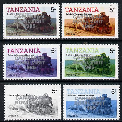 Tanzania 1985 Locomotive 3022 5s value (SG 430) unmounted mint perf set of 6 progressive colour proofs each with 'Caribbean Royal Visit 1985' opt in silver*, stamps on railways, stamps on royalty, stamps on royal visit