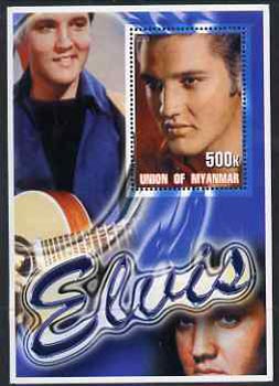 Myanmar 2001 Elvis Presley #6 perf m/sheet containing 1 x 500k value unmounted mint, stamps on , stamps on  stamps on personalities, stamps on  stamps on elvis, stamps on  stamps on music, stamps on  stamps on films, stamps on  stamps on cinema