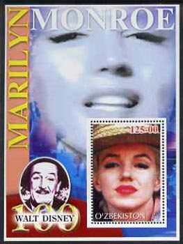Uzbekistan 2002 Marilyn Monroe & Walt Disney Centenary #02 perf m/sheet unmounted mint, stamps on films, stamps on cinema, stamps on entertainments, stamps on music, stamps on personalities, stamps on marilyn monroe, stamps on disney