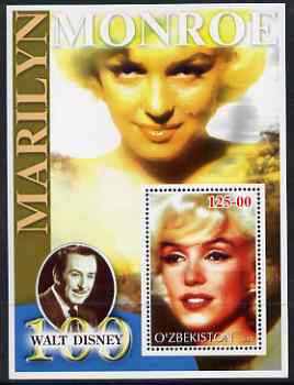 Uzbekistan 2002 Marilyn Monroe & Walt Disney Centenary #04 perf m/sheet unmounted mint, stamps on films, stamps on cinema, stamps on entertainments, stamps on music, stamps on personalities, stamps on marilyn monroe, stamps on disney