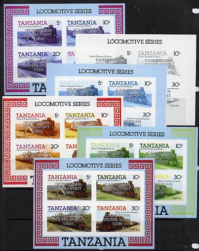 Tanzania 1985 Locomotives m/sheet (as SG MS 434) unmounted mint imperf set of 6 progressive colour proofs each with 'Caribbean Royal Visit 1985' opt in silver, stamps on railways, stamps on royalty, stamps on royal visit, stamps on big locos